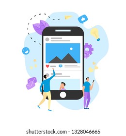 Social media concept with photo content, like and comment. Vector flat illustration