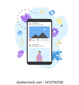 Social media concept with photo content, like and comment. Vector flat illustration	