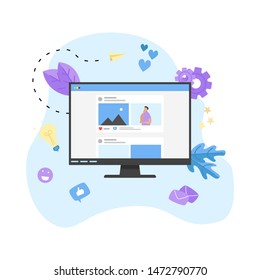 Social media concept with photo content, like and comment. Vector flat illustration	