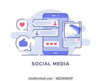 Social media concept picture post feedback comment on display smartphone screen white isolated background with flat outline style