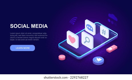 Social media concept. Reactions, likes and emoji in instant messengers and social networks. Communication and interaction on Internet. Smartphone with icons. Cartoon isometric vector illustration