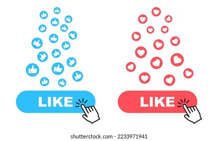 Social media concept. Red heart and blue thumb up scattered on white background. Big stream likes.