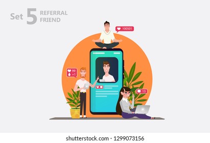 Social media concept. Refer friends. People on the smartphone screen. Like it concept illustration of people using gadgets such as laptop, tablet pc, smartphone for social networkin concept - vector