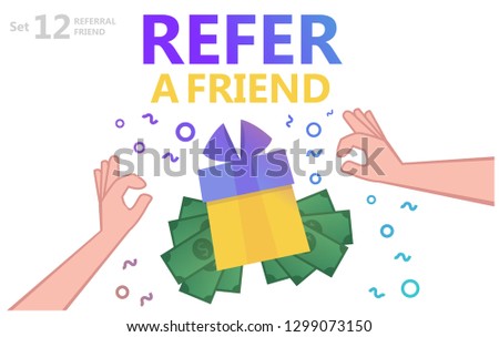 Social media concept. Refer friends. Vector cartoon flat Illustration of two Hands and Gift Box. Friend Sharing Referral Code Concept use for landing page, template, ui, web, mobile app, poster banner