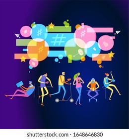 Concepto de medios sociales. Relación entre personas. Gente compartiendo información a través de las plataformas de medios sociales. Concepto de citas y redes en línea. Ilustración vectorial plana