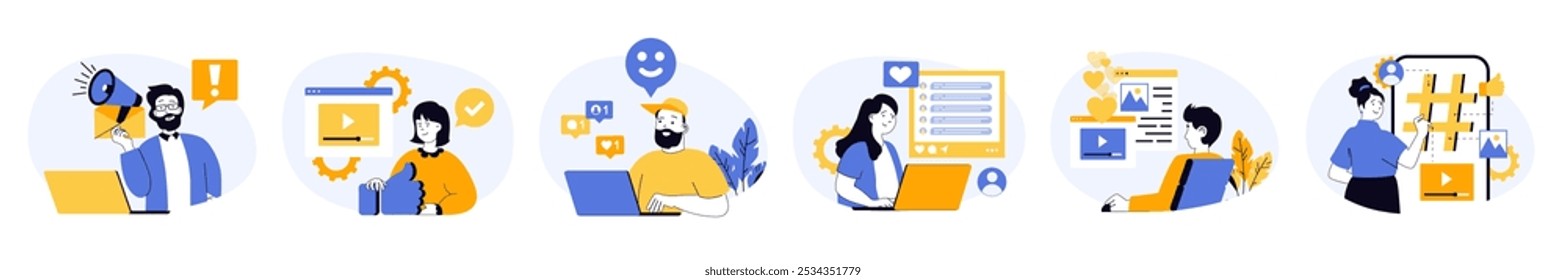 Concepto de redes sociales con personajes en diseño plano para el Web. Personas que promueven el blog con herramientas de marketing, ven transmisiones en vivo y videos, atraen nuevos seguidores. Ilustraciones vectoriales.