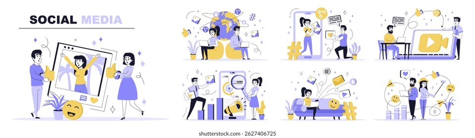 Concepto de medios sociales ambientado en un Diseño web plano. La colección Video con la gente hace nuevos posts con fotos o contenido, me gusta, compartiendo Enlaces con amigos. Ilustración vectorial plana aislada sobre fondo blanco.