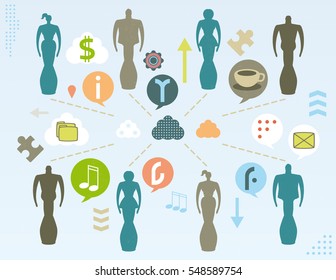 Social media concept with silhouettes linked in the cloud, bubble icons, infographics elements and grunge texture.