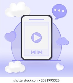 Concepto de medios sociales. Smartphone con voz de burbuja y reproductor en pantalla. Reproductor de canciones, tecnología moderna, gadget, dispositivos digitales. Comunicación en Internet, sociedad. Dibujo vectorial plano de dibujos animados