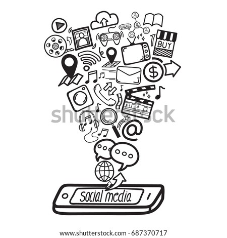 Social media concept. Smartphone can do everything, business, finance or entertainment. Doodle hand draw vector illustration.