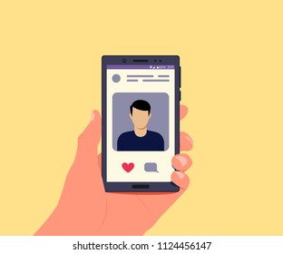 Social media concept. Smartphone and social network photo in the left hand. Vector illustration