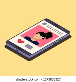 Social media concept. Smartphone and social network photo. Isometric composition. Vector illustration