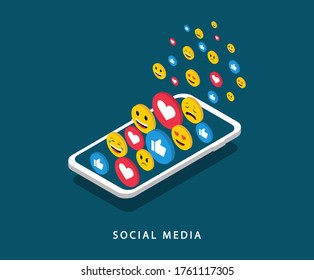 Social media concept with smartphone. Social networking. Social marketing. Vector isometric.