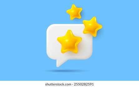 Social media concept, star icons. Chat speech bubble with 3d stars. Social media review icon. Chat best message with cute 3d stars. App favorites bookmark. Vector illustration