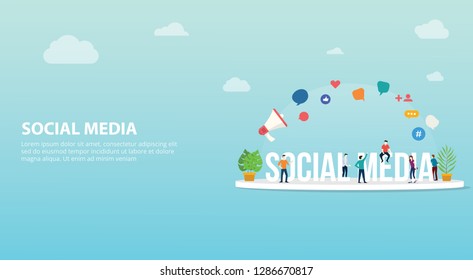 social media concept with team people working together with big text with modern style and icon for website design page for landing ui with free space for text - vector illustration
