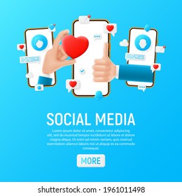 Social media concept template. Mockup with cartoon hands, smartphones and icons. Template of smart phones and cartoon hands. Vector illustration with mobile devices concept.