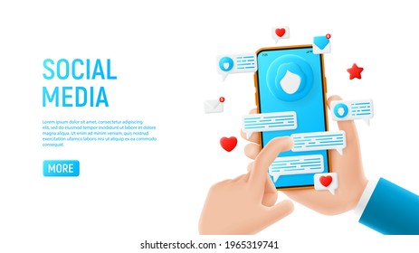 Social media concept template. Mockup with cartoon hands, smartphone and icons. Template of smart phone in cartoon hand isolated on white background. Vector illustration mobile device concept.