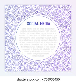 Social media concept with thin line icons. of thumbs up, share, link, send e-mail, music, stream, comments. Vector illustration for banner, web page, print media with place for text.