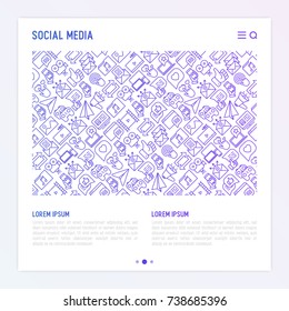 Social media concept with thin line icons. of thumbs up, share, link, send e-mail, music, stream, comments. Vector illustration for banner, web page, print media with place for text.