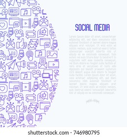 Social media concept with thin line icons: of thumbs up, share, link, send e-mail, music, stream, comments. Vector illustration for banner, web page, print media.