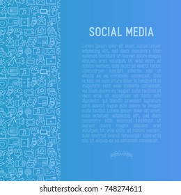 Social media concept with thin line icons: of thumbs up, share, link, send e-mail, music, stream, comments. Vector illustration for banner, web page, print media.