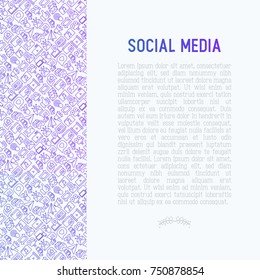 Social media concept with thin line icons: of thumbs up, share, link, send e-mail, music, stream, comments. Vector illustration for banner, web page, print media.