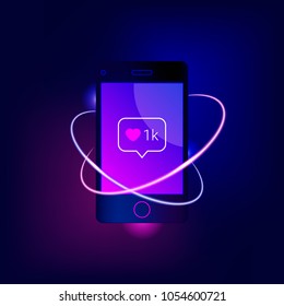 Social media concept. Trendy colors background with smartphone, instagram likes on the screen and motion neon blurry circles. Counter notification on mobile phone. Vector illustration.