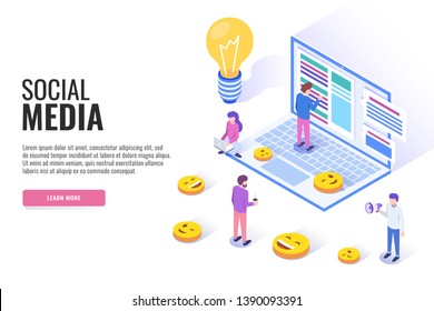 Social media concept. Users work near the laptop. Web banner, infographics. Isometric vector illustration.