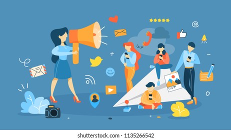 Social media concept. Using network for posting and sharing content. Promotion in the internet. Flat vector illustration