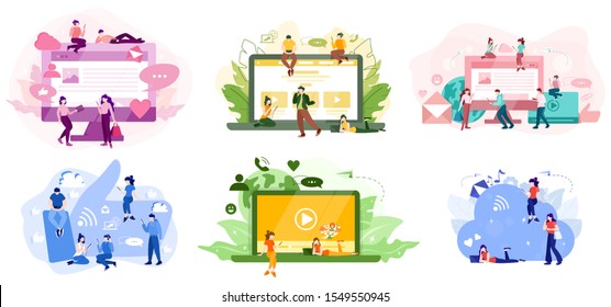 Social media concept. Using network for posting and sharing content. Promotion in the internet. Flat illustration