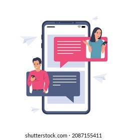 Social media concept using smartphone. A man and a woman are chatting. Vector illustration.