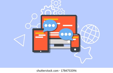 Social media concept vector flat illustration design. Community online on computer, tablet or smartphone.