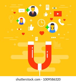 Social media concept vector illustration with magnet engaging followers and likes. Influence marketing or viral advertising campaign. Audience or customer retention strategy.