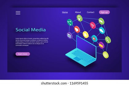 Social media concept vector illustration. Desktop, chat, video, camera, phone. Flat web illustration infographics collection. Social influencer concept. Media content to grab like from social audience