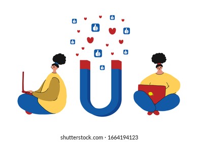 Social media concept vector illustration with a magnet for attracting followers. The impact of a marketing or viral advertising campaign.Girls with laptops correspond in social media with clients