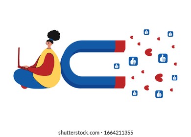 Social media concept vector illustration with a magnet for attracting followers. The impact of a marketing or viral advertising campaign.Girl with laptop correspond in social media with clients