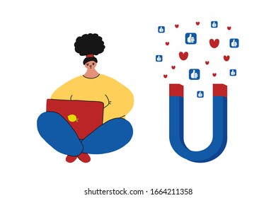 Ilustración vectorial de los medios sociales con un imán para atraer seguidores. El impacto de una campaña de marketing o publicidad viral. La chica con laptop se corresponde en los medios sociales con los clientes.