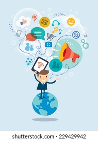 Social Media Concept Vector Illustration With Business  Man Cartoon Character Standing On A Globe With Cloud Of Icons