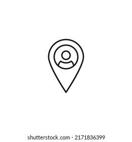 Social media concept. Vector symbol drawn with black thin line. Editable stroke. Suitable for articles, web sites etc. Line icon of avatar in geo location sign 