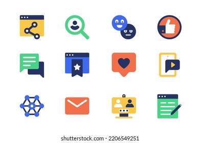 Social media concept of web icons set in simple flat design. Pack of link sharing, searching, emoticon, like, heart, chat, video player, email, internet and other. Vector pictograms for mobile app