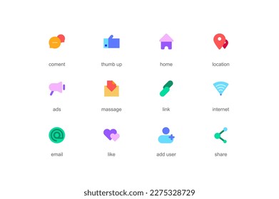 Social media concept of web icons set in color flat design. Pack of comment, thumbs up, home, location, ads, message, link, email, like, add user, share and other. Vector pictograms for mobile app