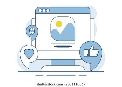 Social media concept. Web landscape symbol. see new Social Media Posts. leave Comments and likes for Photos on Mobile App. Social media posts. Vector illustration on background.