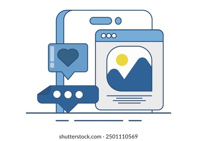 Konzept der sozialen Medien. Webseitensymbol. siehe neue Social Media Beiträge. verlassen Kommentare und Likes für Fotos auf Mobile App. Beiträge in sozialen Netzwerken. Vektorgrafik auf Hintergrund.