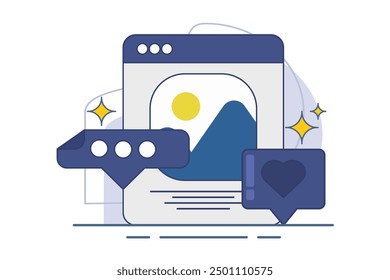 Social media concept. Web landscape symbol. see new Social Media Posts. leave Comments and likes for Photos on Mobile App. Social media posts. Vector illustration on background.