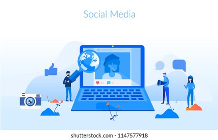 Social Media Concept for web page, banner, presentation, social media, documents, cards, posters. Vector illustration young people using mobile gadgets, taking photo and posting in social networks