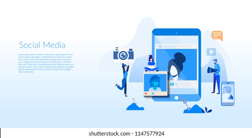 Social Media Concept for web page, banner, presentation, social media, documents, cards, posters. Vector illustration young people using mobile gadgets, taking photo and posting in social networks