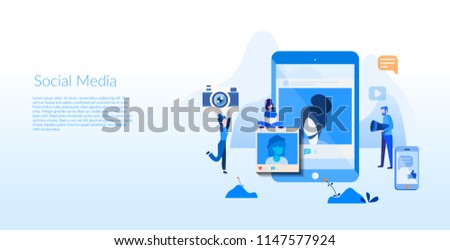 Social Media Concept for web page, banner, presentation, social media, documents, cards, posters. Vector illustration young people using mobile gadgets, taking photo and posting in social networks