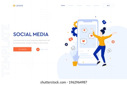 Social media concept website template. The girl uses social networks and gets likes. Digital business illustrations