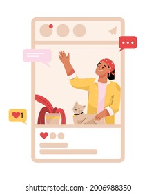 Social media concept. Woman with cat at photo post online. Followers, comments, likes on personal blog. Internet communication. Layout mobile app at smartphone. Vector character illustration