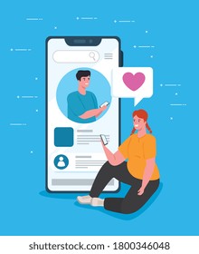 social media concept, young couple chatting for smartphone vector illustration design